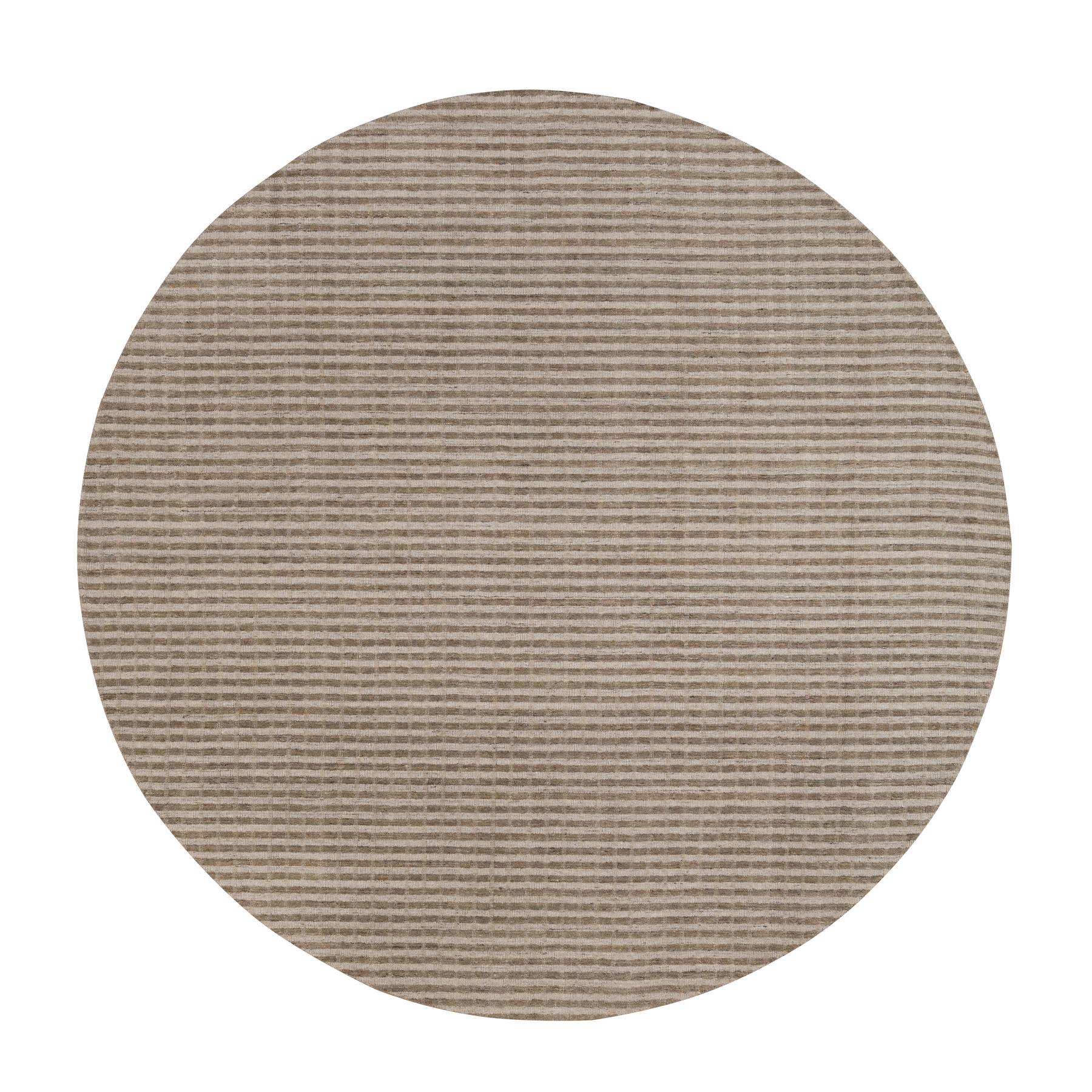 Tan and Chocolate Brown, Horizontal Stripes Design with Salt and Pepper Effect, Hand Loomed, Undyed Natural Wool, Round, Oriental Rug